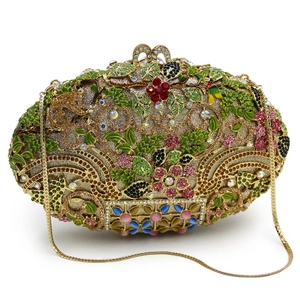 Exquisite hollow metal evening clutch with colorful floral crystals and gold chain strap