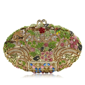 Luxury Rhinestone Evening Bag Alloy Hollow Multi Color Floral Enamel Hard Shell Clutch For Women Wedding Party With Chain