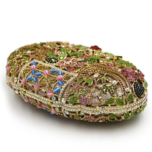 Luxury oval evening clutch with colorful floral crystals and gold metal frame