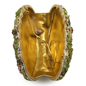 Elegant hollow-out evening clutch with multicolored rhinestones and gold chain strap