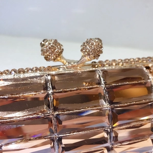 Elegante pochette da sera in cristallo champagne con strass e chiusura a sfera