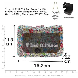 Detailed size specifications and floral crystal clutch bag with copper chain and box