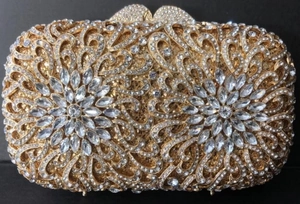 Golden hollow evening clutch bag with sparkling crystals and luxury floral rhinestone patterns