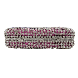 Luxury floral crystal clutch bag with ruby red sequins and silver metal frame