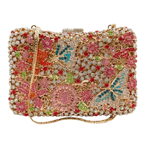 Rhinestone Butterfly Flower Evening Clutch Bag Metal Hard Shell Luxury Elegant Party Wedding Handbag With Chain Strap