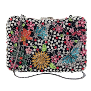 Elegant floral crystal evening clutch with colorful rhinestones and metal chain strap