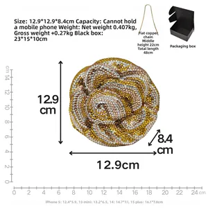 Detailed size comparison of the gold rose crystal evening bag with chain dimensions