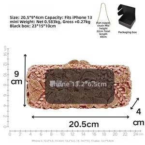 Size chart for rhinestone floral evening clutch showing 20.5x9x4cm and iPhone fit details