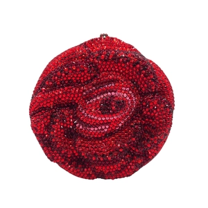Red flower-shaped crystal evening clutch bag with sparkling rose petal rhinestone design