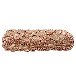 Floral hollow crystal clutch evening bag with pink and champagne rhinestones for women