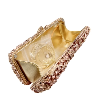 Luxury rose gold rhinestone evening clutch bag with chain strap and hollow floral design