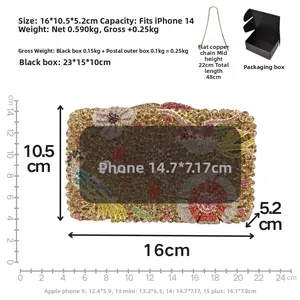 Detail showing dimensions and capacity of floral crystal evening clutch for iPhone 14