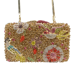 Champagne crystal evening clutch bag with colorful floral peacock pattern and gold chain