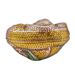 Detail view of flower crystal evening bag with colorful rhinestones and metal clasp