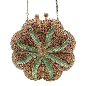 Elegante borsa da sera a zucca con strass dorati e chiusura a forma di foglia verde