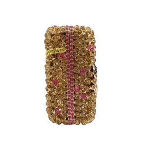 Floral crystal clutch bag featuring pink and champagne rhinestones on a metal frame