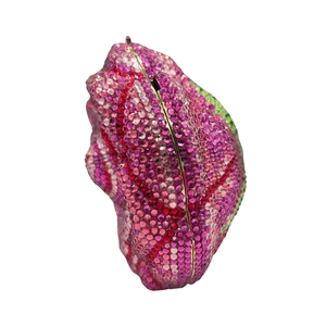 Detailed macro view of the crystal encrusted floral evening clutch with gradient rhinestones