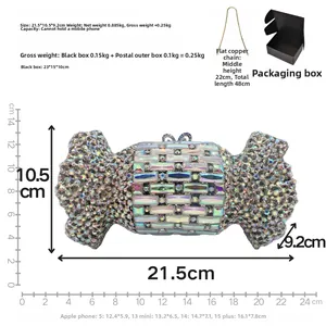 Dimensions détaillées de la pochette de soirée en forme de bonbon avec strass colorés