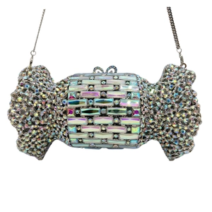 Pochette de soirée en forme de bonbon avec cristaux scintillants et chaîne métallique