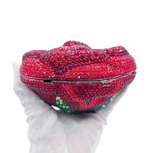 Macro view of flower crystal evening bag with red and green rhinestones