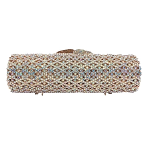 Elegante borsa a mano cilindrica in cristallo con strass colorati e cornice in metallo oro