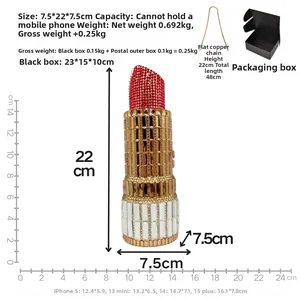 Lipstick shaped evening clutch bag with red crystals, chain detail and dimension specs