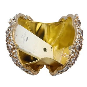 Pochette de soirée dorée tournesol en strass avec espace pour un smartphone moderne