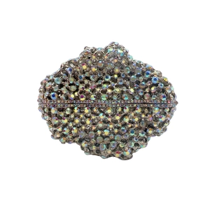 Pochette de soirée luxe en forme de bonbon avec strass colorés et cadre en métal argenté