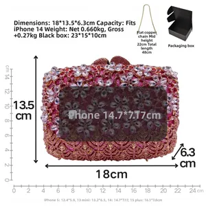 Detail specifications of purple floral rhinestone clutch with size and capacity info