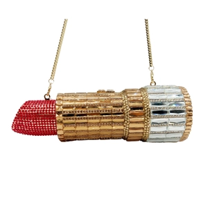 Lipstick Shaped Evening Clutch Bag Rhinestone Encrusted Sparkling Luxury Party Purse With Gold Metal Chain For Women Wedding