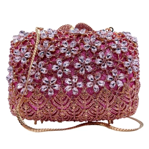 Evening Clutch Bag Rhinestone Flower Hollow Out Alloy Hard Shell Wedding Party Banquet Handbag With Chain For Women