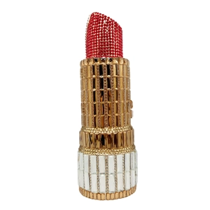 Lipstick shaped evening clutch bag with sparkling red rhinestones and gold crystal case