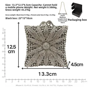 Detailed specs of silver rhinestone evening clutch bag showing size and chain length