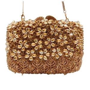 Luxurious gold floral evening clutch bag fully embellished with sparkling rhinestones