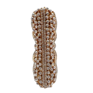 Luxurious white rhinestone evening clutch bag with elegant curved metal frame