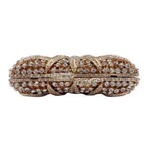 Detailed close-up of rhinestone floral pattern and gold metal clasp on evening clutch bag