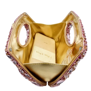 Pochette de soirée en strass roses avec doublure dorée et grand espace de rangement