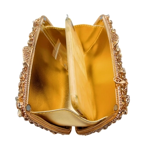 Champagne crystal evening clutch bag with sparkling rhinestone exterior and phone compartment