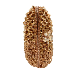 Champagne gold luxury floral crystal evening clutch bag with sparkling rhinestone patterns