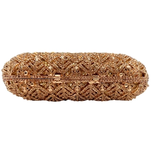 Luxurious champagne gold rhinestone evening clutch with geometric hollow metal design