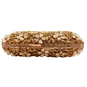 Macro view of crystal flower晚宴包 details and champagne gold rhinestone evening clutch