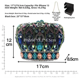 Detailed specs of crown evening bag with multi-color rhinestones and chain dimensions