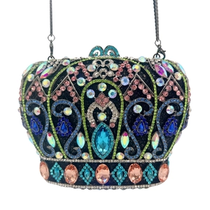 Crown Evening Clutch Bag Alloy Colorful Rhinestone Gemstone Hollow Out Baroque Style Luxury Formal Party Handbag For Women
