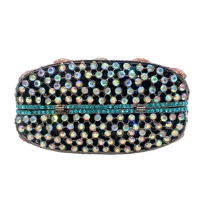 Luxury oval evening clutch bag featuring iridescent rhinestones and teal crystal accents