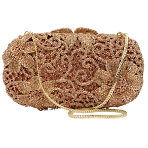 Pochette de soirée chic or rose avec strass, motifs floraux et bandoulière chaîne