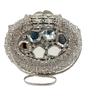 Exquisite silver evening clutch featuring hollow metal frame and sparkling rhinestone crystals