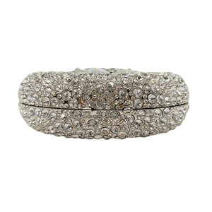 Elegant silver metal evening clutch bag with hollow out design and sparkling rhinestones