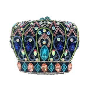 Luxury crown-shaped dinner clutch bag featuring colorful rhinestones and mixed gemstones