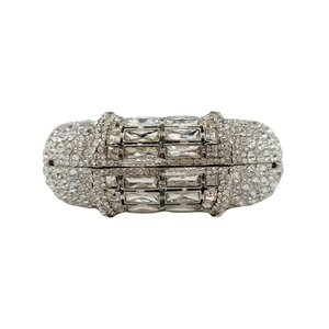 Luxurious silver metal hollow evening bag with crystal rhinestones in capsule shape
