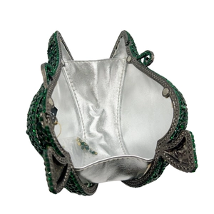 Elegante borsa da sera a forma di gufo con strass verdi e fodera interna in argento